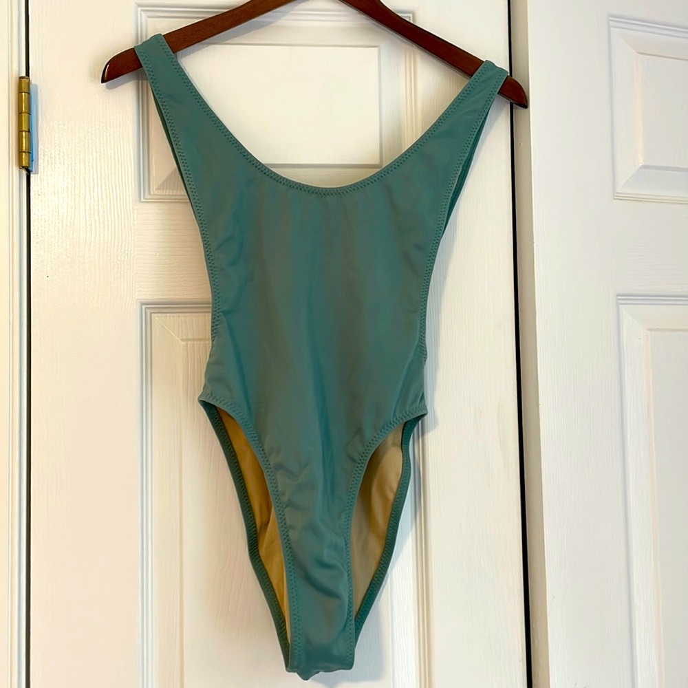 Norma Kamali one piece sea green swimsuit high cut size small